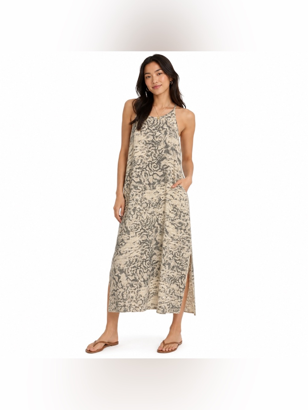 Lungo L'Arno Italian Linen Maxi Dress Size Large Beige Grey Loose Flowy Beachy